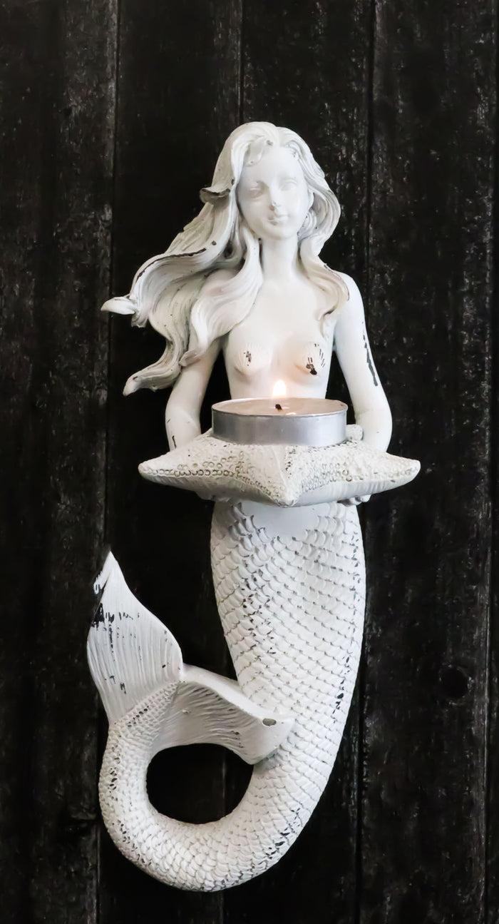 ebros gift Rustic White Stone Finish Nautical Ocean Mermaid With Shell Candle Wall Sconce