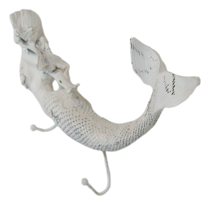 Ebros Gift Rustic White Stone Finish Nautical Ocean Siren Mermaid 2 Prong Wall Hook Decor