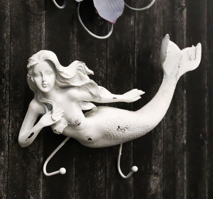 ebros gift Rustic White Stone Finish Nautical Ocean Siren Mermaid 2 Prong Wall Hook Decor