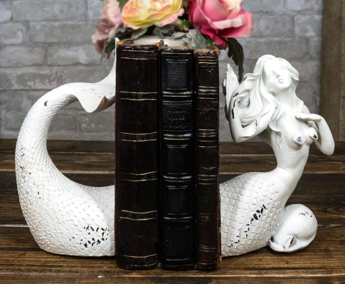 ebros gift Rustic White Stone Finish Ocean Siren Mermaid Body & Tail Bookends Figurine Set