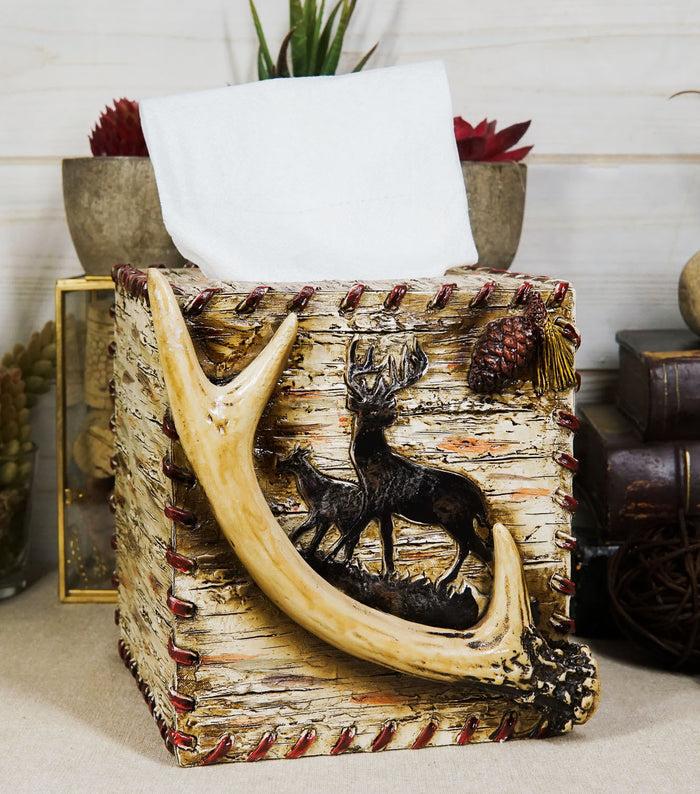 ebros gift Rustic Wildlife Buck Elk Stag Deer Antler With Pinecone Tissue Box Cover 6"H