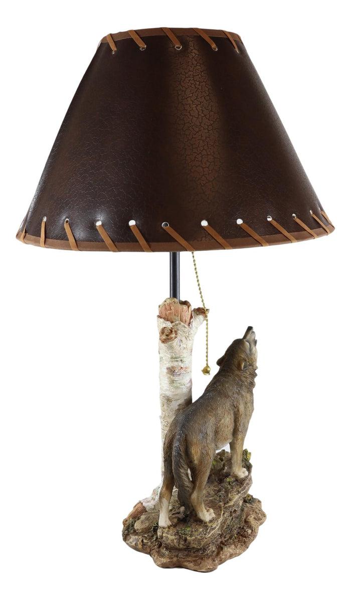 Ebros Gift Rustic Wildlife Grey Wolf Howling By Birchwood Tree Table Lamp With Laced Shade