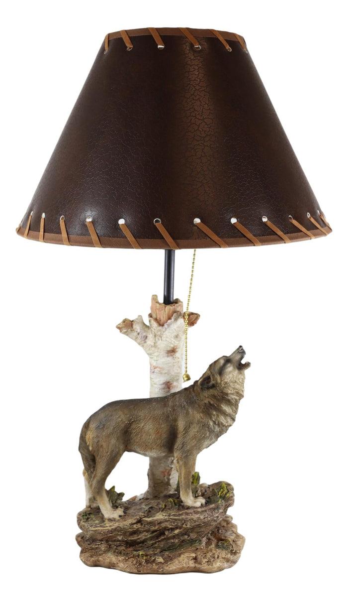 Ebros Gift Rustic Wildlife Grey Wolf Howling By Birchwood Tree Table Lamp With Laced Shade