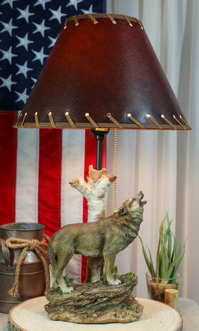 ebros gift Rustic Wildlife Grey Wolf Howling By Birchwood Tree Table Lamp With Laced Shade