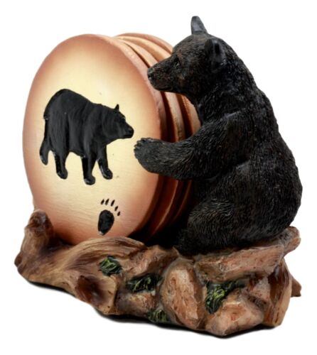 Ebros Gift Rustic Woodlands Black Bear Paw Coaster Set 4 Round Coasters Figurine Holder 4"H