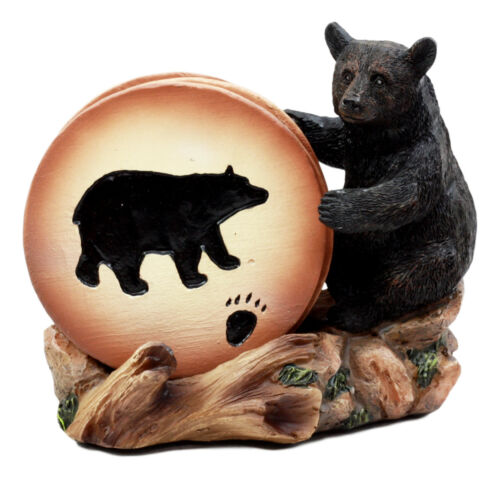 Ebros Gift Rustic Woodlands Black Bear Paw Coaster Set 4 Round Coasters Figurine Holder 4"H