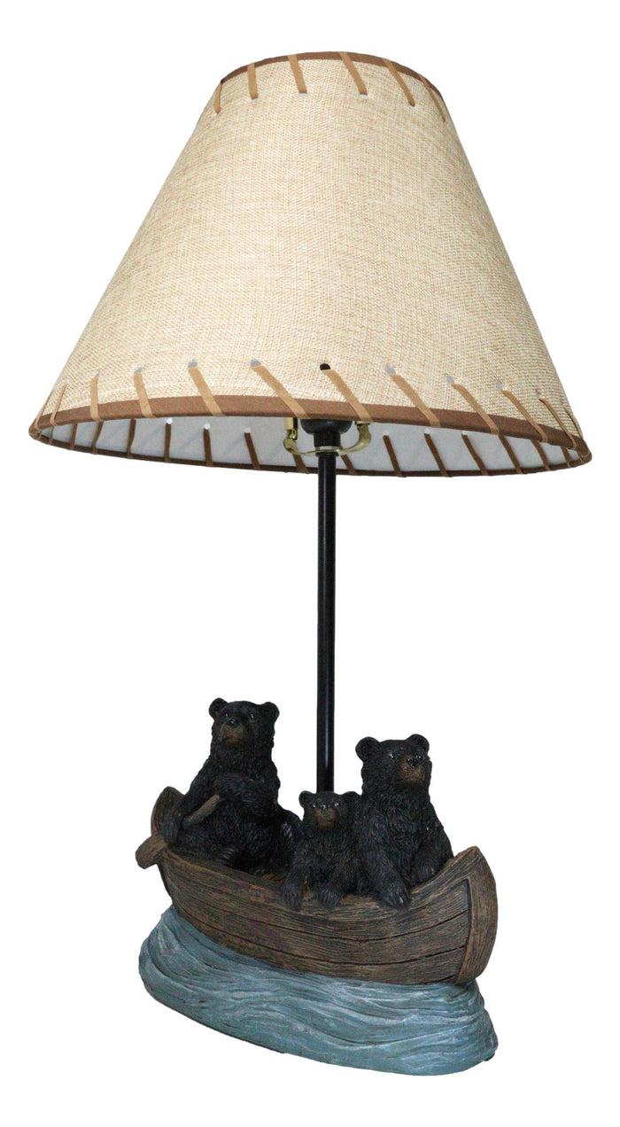 Ebros Gift Rustic Woody Forest River Run Black Bears With Cub Rowing Canoe Boat Table Lamp