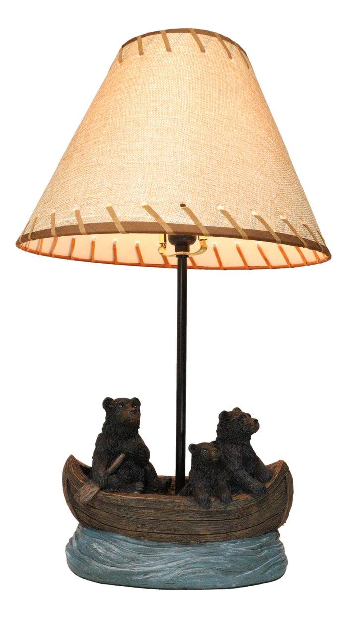 ebros gift Rustic Woody Forest River Run Black Bears With Cub Rowing Canoe Boat Table Lamp