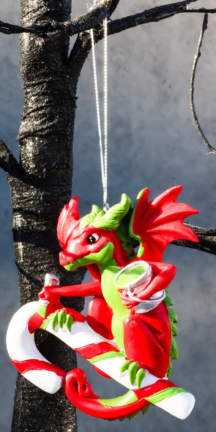 ebros gift Ruth Thompson Red Green Dragon With Candy Cane Christmas Tree Hanging Ornament