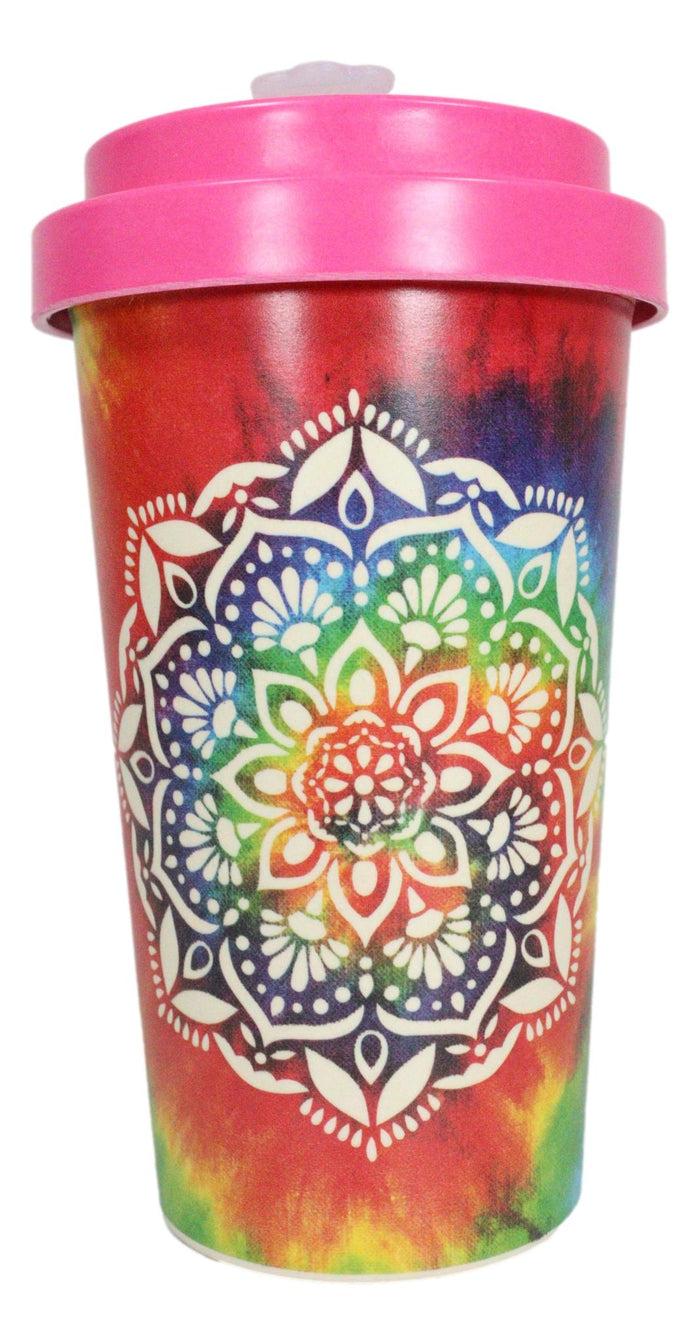 Ebros Gift Sacred Rainbow Tie Dye Mandala Flower Reusable Travel Mug Cup W/ Lid And Sleeve