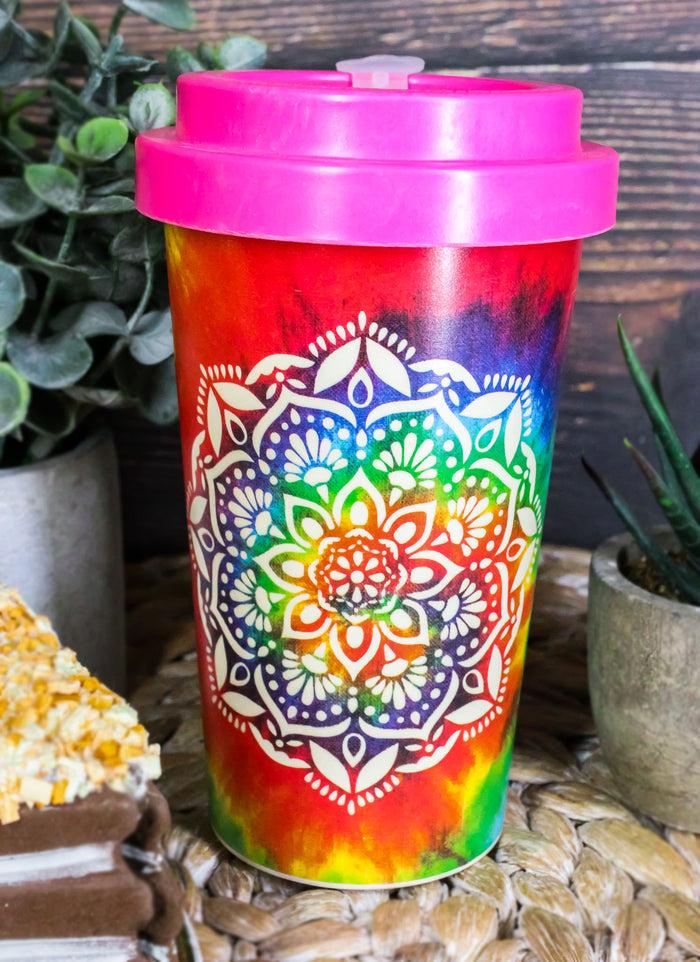 ebros gift Sacred Rainbow Tie Dye Mandala Flower Reusable Travel Mug Cup W/ Lid And Sleeve