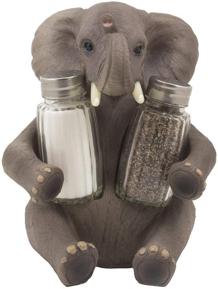 Ebros Gift Safari Elephant Pachyderm Wine Bottle & Salt Pepper Shakers Holder Figurine Set