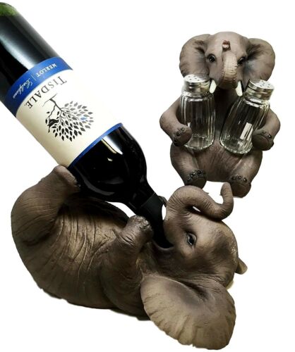 ebros gift Safari Elephant Pachyderm Wine Bottle & Salt Pepper Shakers Holder Figurine Set