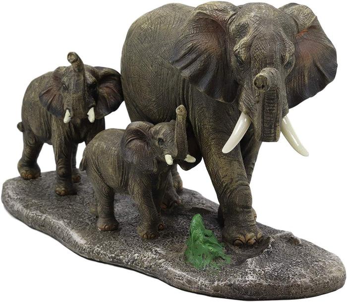 Ebros Gift Safari Elephant With 2 Calves Family Statue 14.5"L Elephants Roaming Grasslands