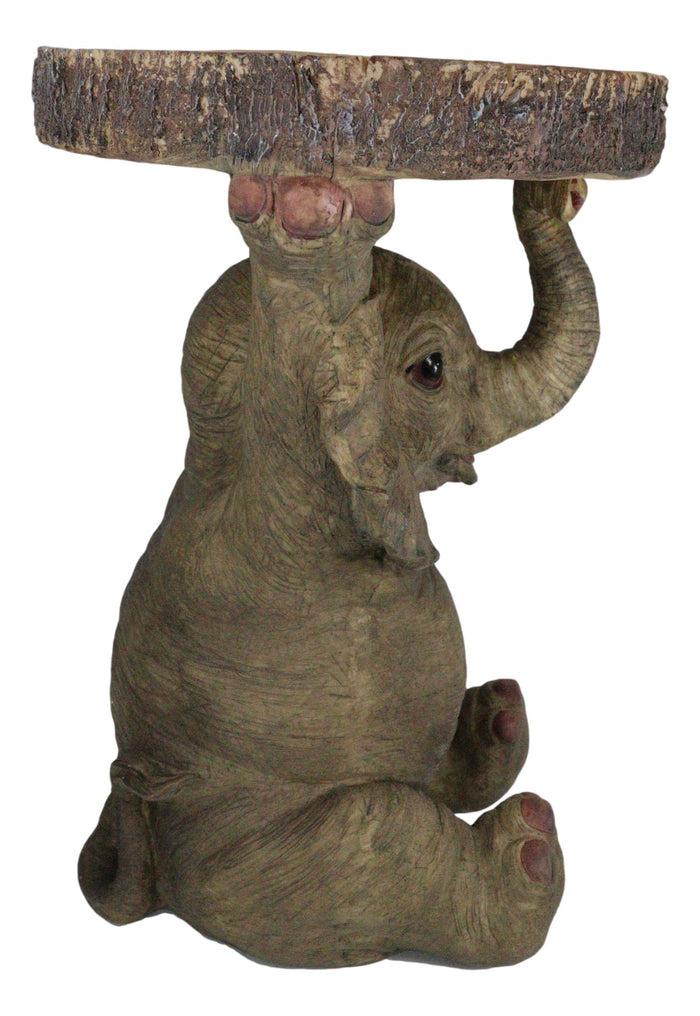 Ebros Gift Safari Jungle Baby Calf Elephant Holding Faux Wood Slice Table Stand Figurine