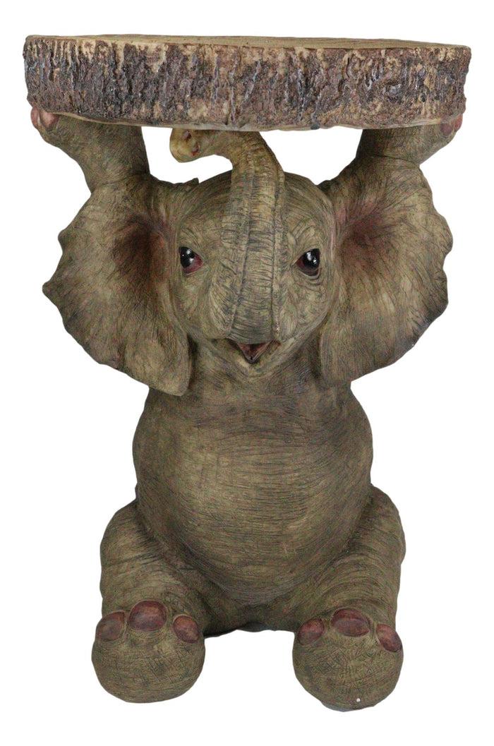 Ebros Gift Safari Jungle Baby Calf Elephant Holding Faux Wood Slice Table Stand Figurine