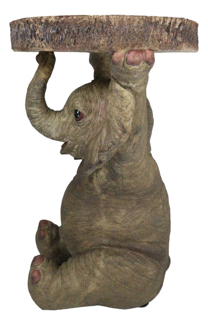 Ebros Gift Safari Jungle Baby Calf Elephant Holding Faux Wood Slice Table Stand Figurine