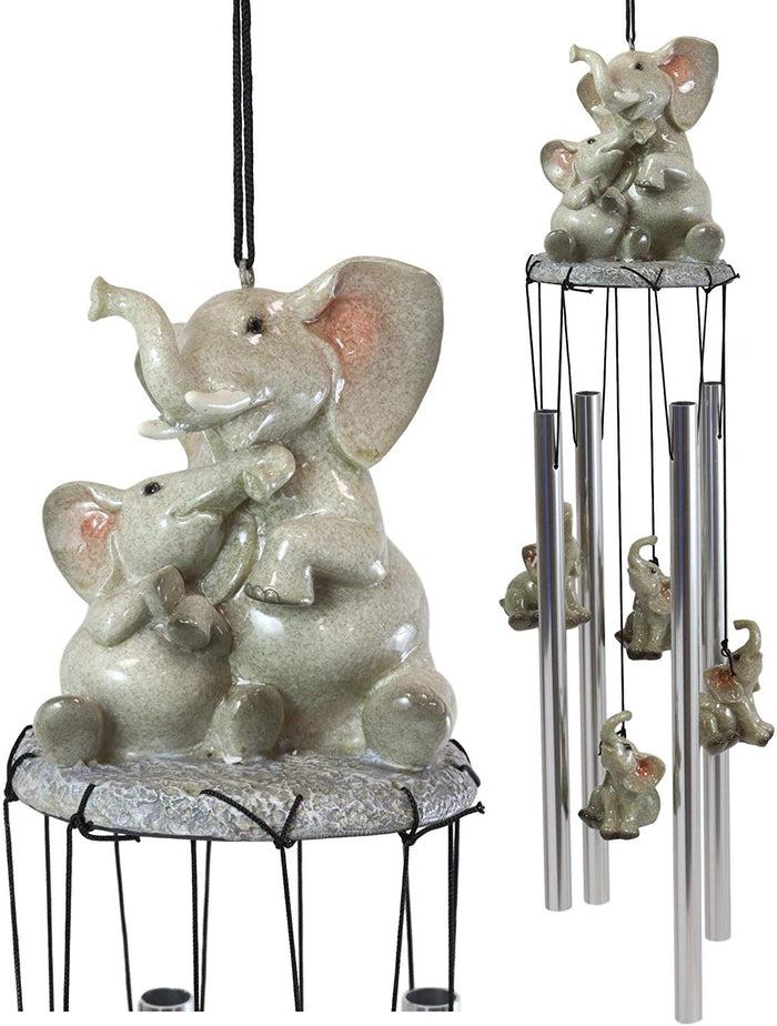 Ebros Gift Safari Savanna Elephant Family Bonding Time Figurine Crown Top Wind Chime Decor