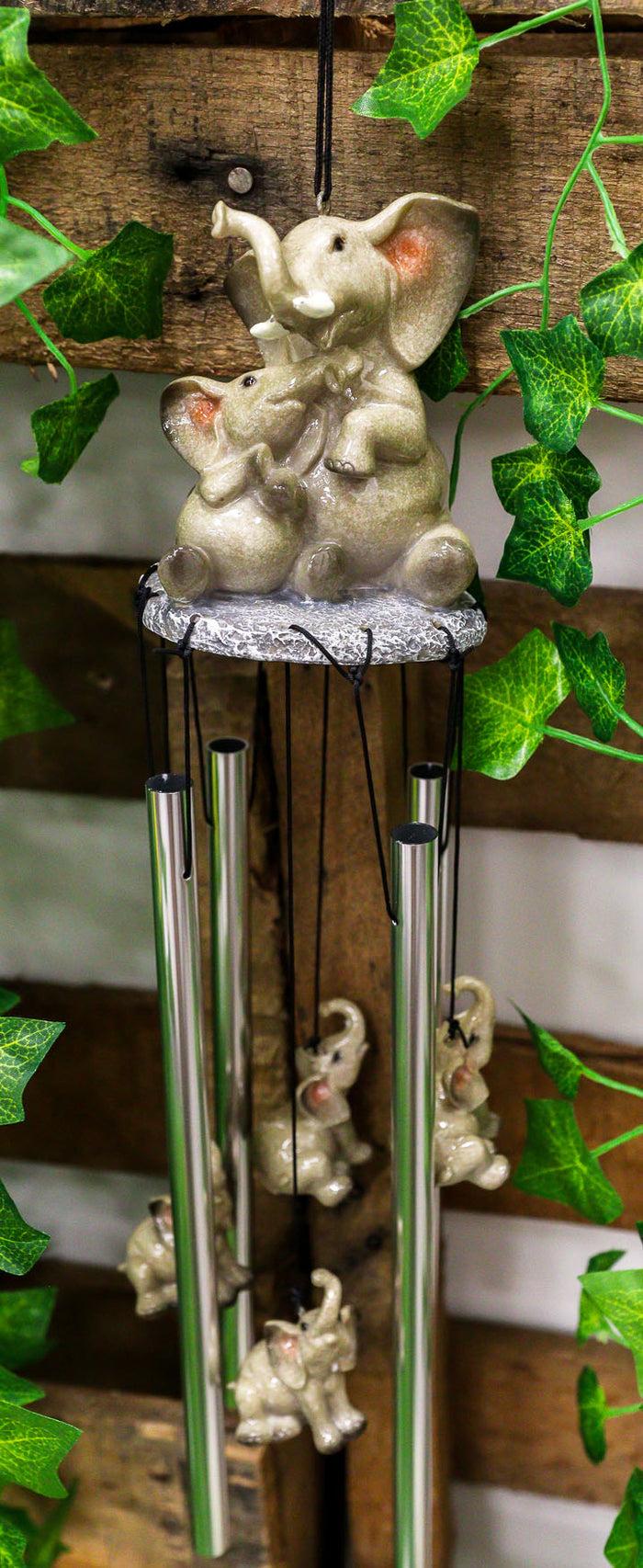 ebros gift Safari Savanna Elephant Family Bonding Time Figurine Crown Top Wind Chime Decor