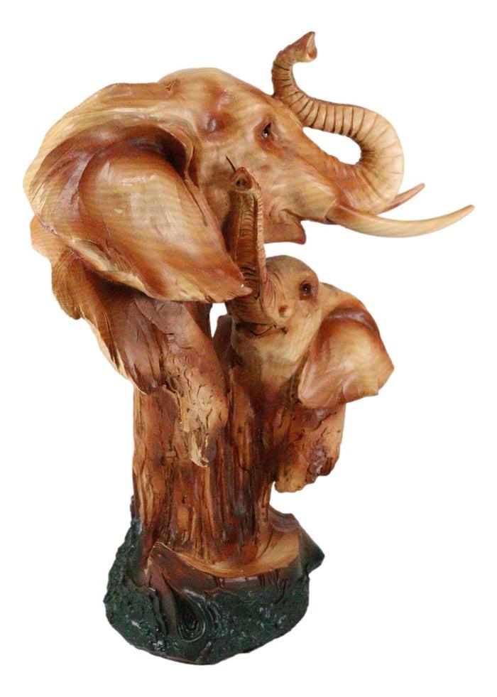 Ebros Gift Safari Wildlife Elephant Father And Calf With Trunk Up Bust Faux Wood Figurine