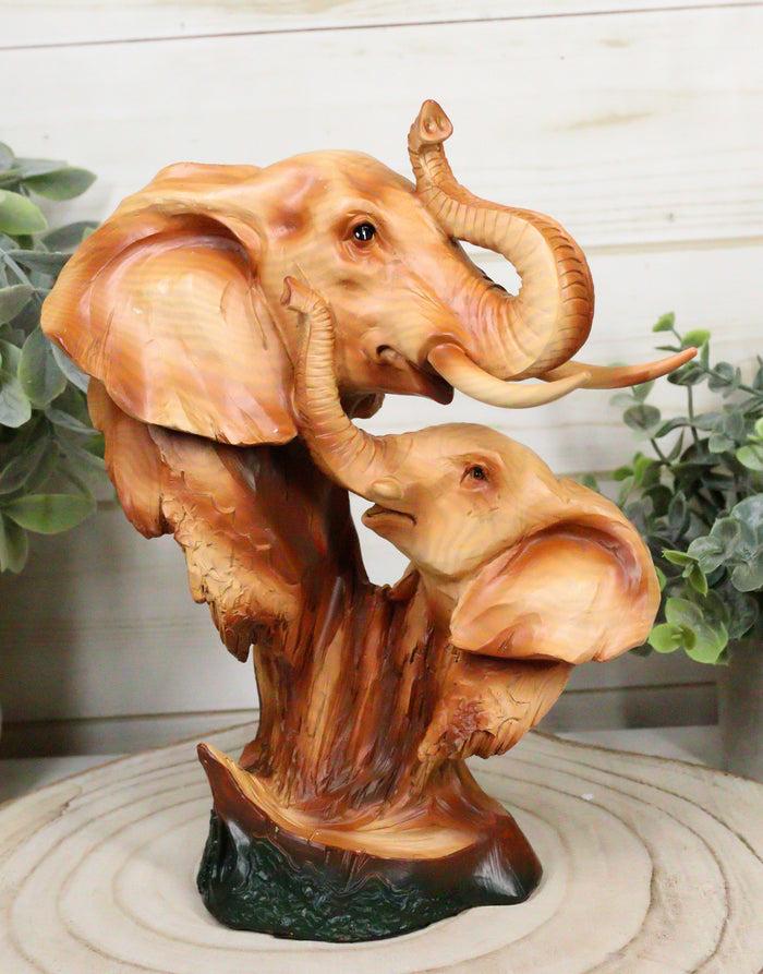 ebros gift Safari Wildlife Elephant Father And Calf With Trunk Up Bust Faux Wood Figurine