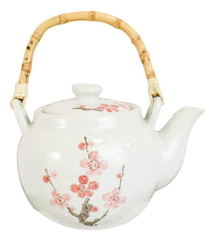Ebros Gift Sakura Pink Cherry Blossoms Speckled White Ceramic 42oz Large Tea Pot Teapot