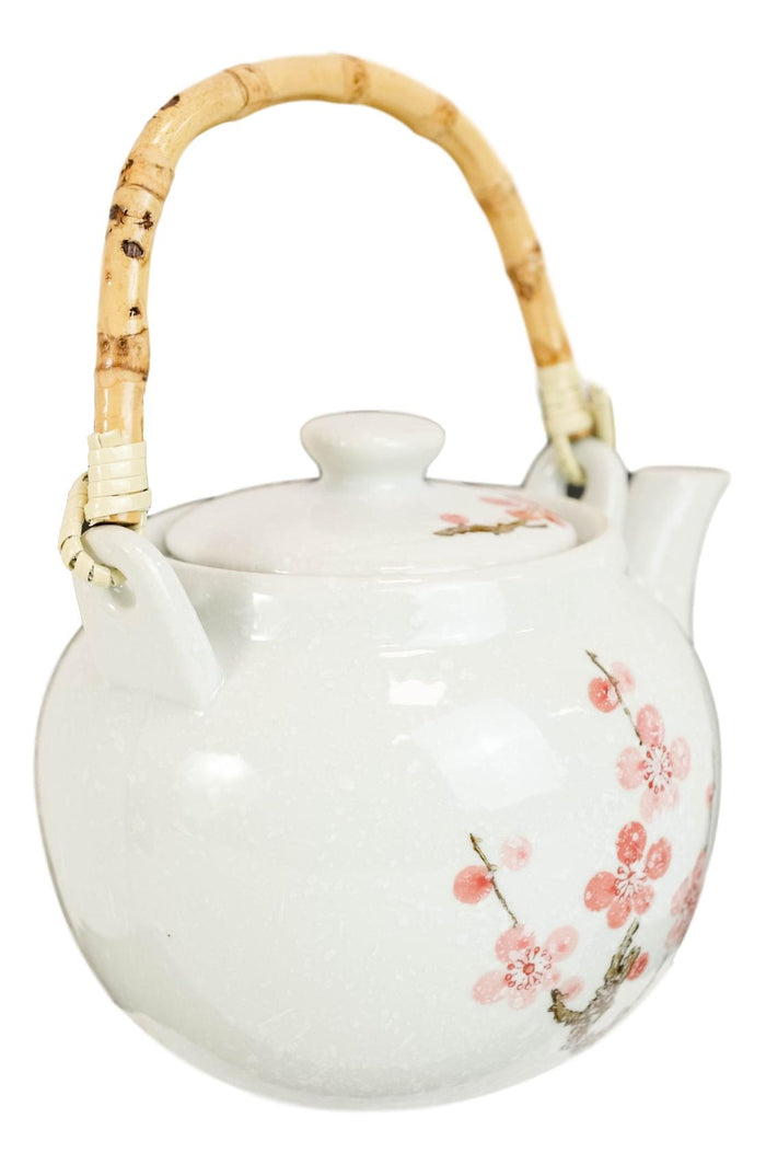 Ebros Gift Sakura Pink Cherry Blossoms Speckled White Ceramic 42oz Large Tea Pot Teapot