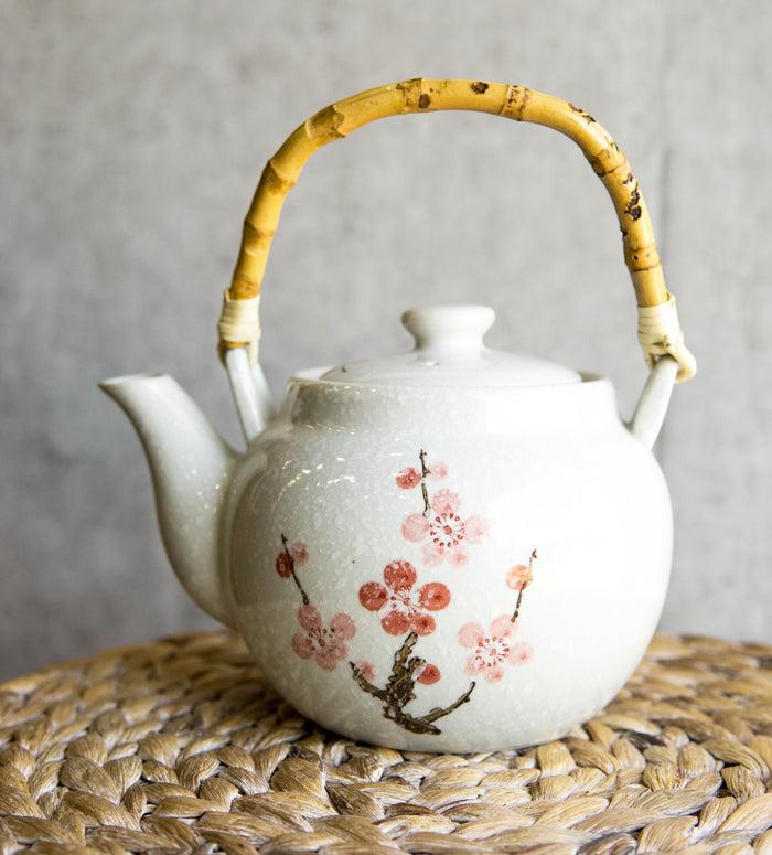ebros gift Sakura Pink Cherry Blossoms Speckled White Ceramic 42oz Large Tea Pot Teapot