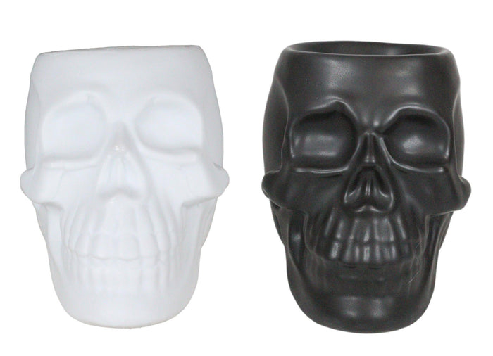 ebros gift Set Of 2 Black And White Gothic Skull Skeleton Ceramic Votive Candle Oil Warmers