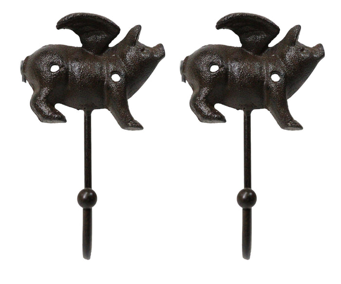 ebros gift Set of 2 Cast Iron Rustic Country Flying Angel Pig Wall Hooks Coat Towel Hanger