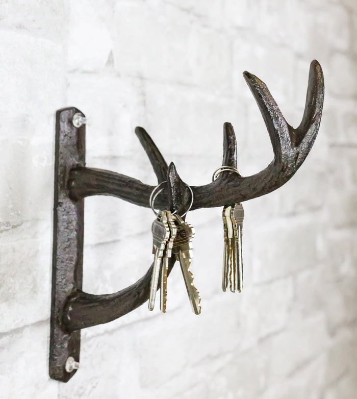 ebros gift Set of 2 Cast Iron Vintage Western Rustic Deer Antlers Multi Point Wall Hooks