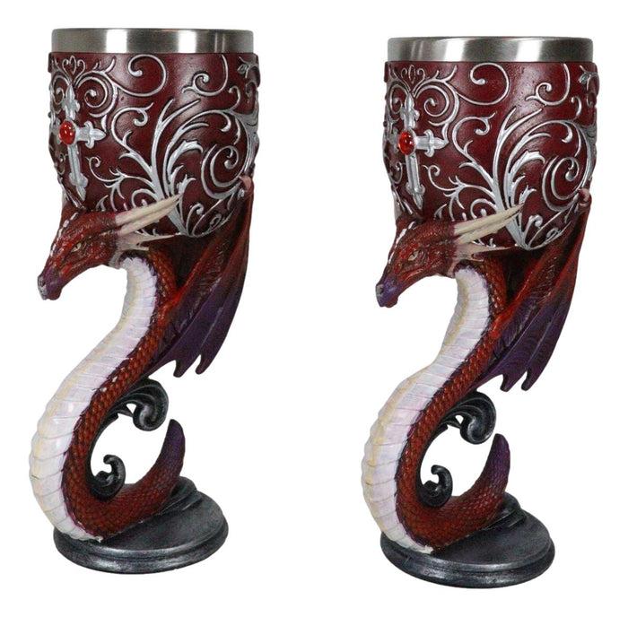 Ebros Gift Set Of 2 Fantasy Maroon Dragons Devotion Love Hex Heart Baroque Wine Goblets