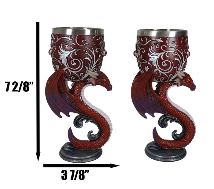 Ebros Gift Set Of 2 Fantasy Maroon Dragons Devotion Love Hex Heart Baroque Wine Goblets