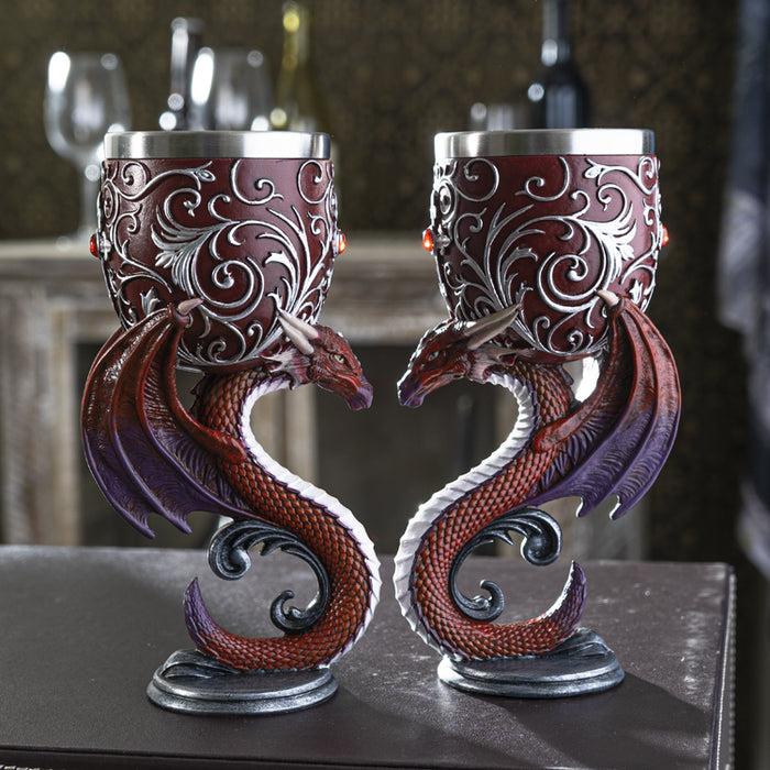 ebros gift Set Of 2 Fantasy Maroon Dragons Devotion Love Hex Heart Baroque Wine Goblets