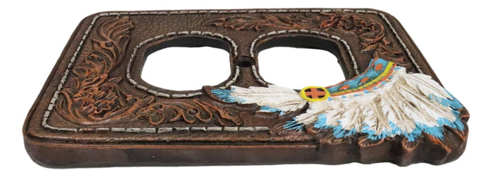 Ebros Gift Set Of 2 Faux Leather Indian Chief Headdress Double Receptacle Outlet Plates