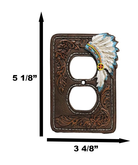 Ebros Gift Set Of 2 Faux Leather Indian Chief Headdress Double Receptacle Outlet Plates