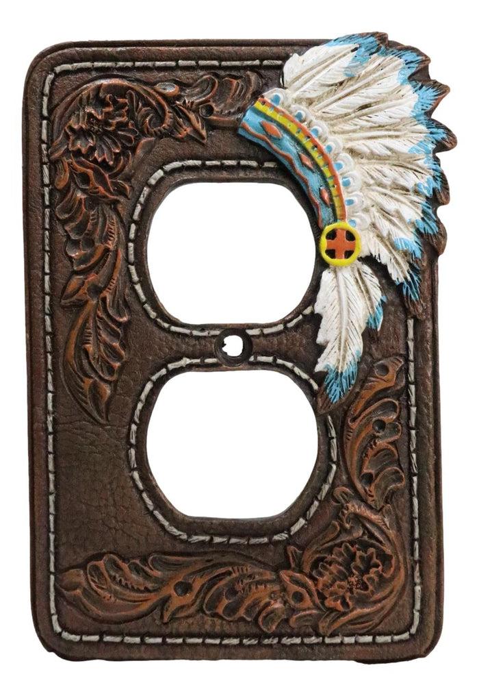 Ebros Gift Set Of 2 Faux Leather Indian Chief Headdress Double Receptacle Outlet Plates
