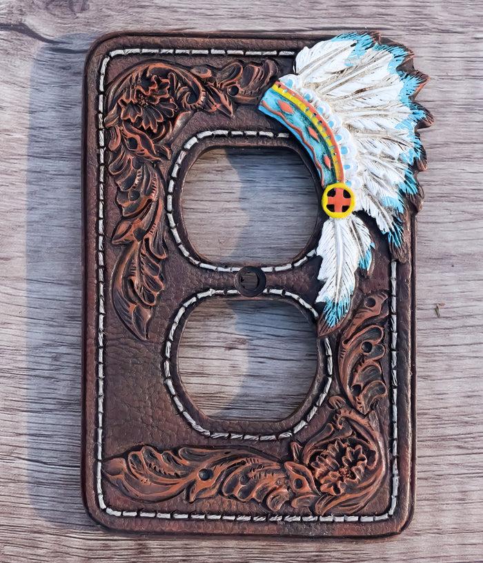 ebros gift Set of 2 Faux Leather Indian Chief Headdress Double Receptacle Outlet Plates