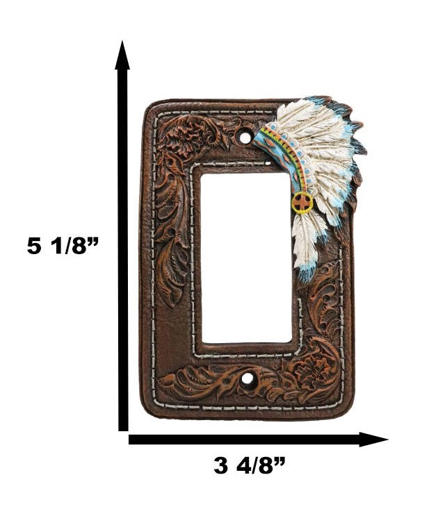 Ebros Gift Set Of 2 Faux Leather Indian Chief Headdress Single Gang Rocker Switch Plates