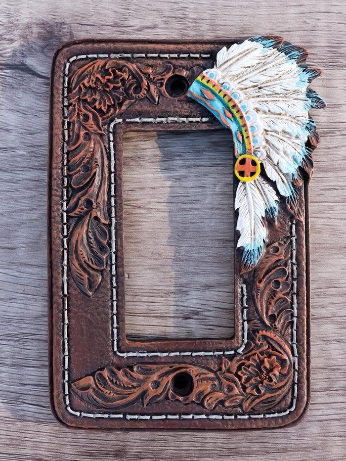 ebros gift Set of 2 Faux Leather Indian Chief Headdress Single Gang Rocker Switch Plates