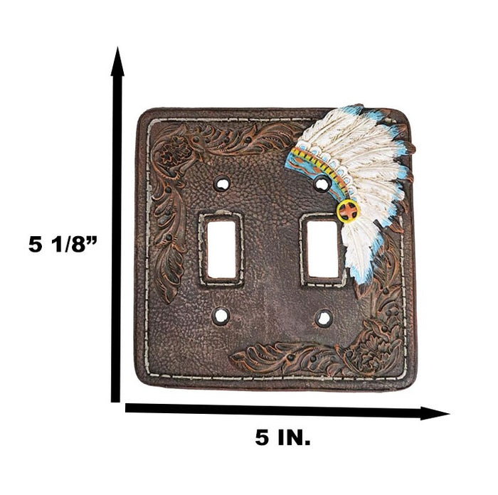 Ebros Gift Set Of 2 Faux Leather Tribal Indian Chief Headdress Double Toggle Switch Plates