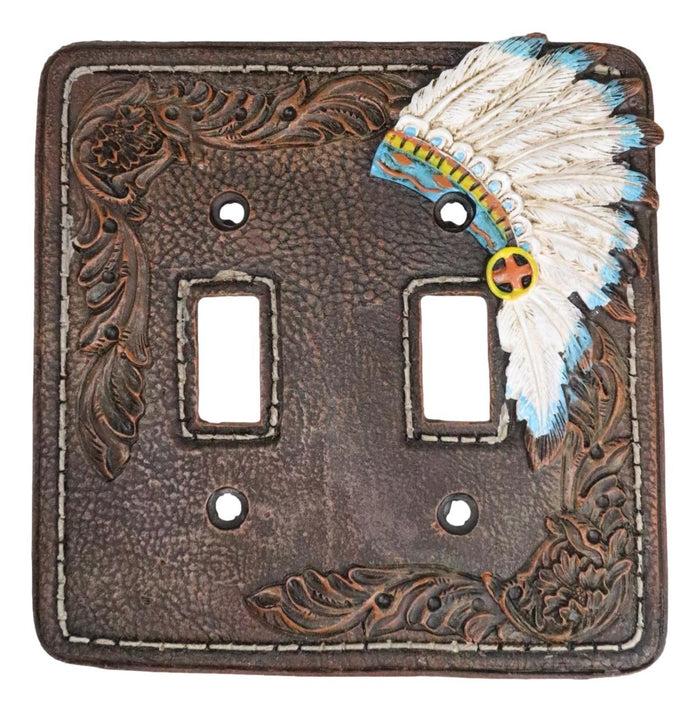 Ebros Gift Set Of 2 Faux Leather Tribal Indian Chief Headdress Double Toggle Switch Plates