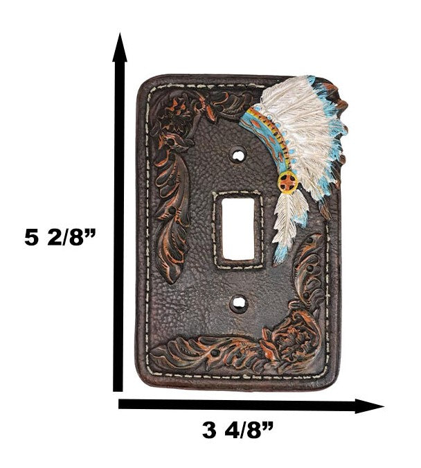 Ebros Gift Set Of 2 Faux Leather Tribal Indian Chief Headdress Single Toggle Switch Plates