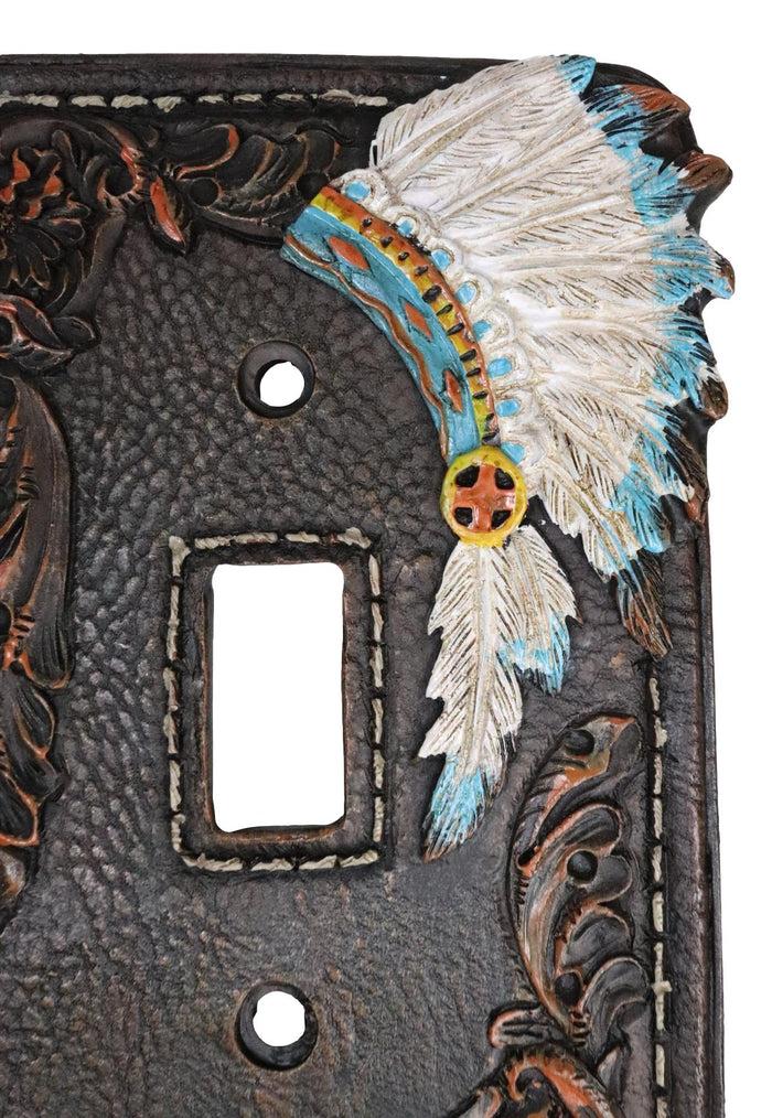 Ebros Gift Set Of 2 Faux Leather Tribal Indian Chief Headdress Single Toggle Switch Plates
