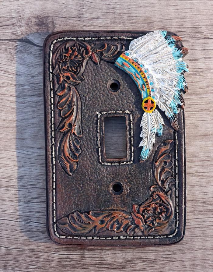 ebros gift Set of 2 Faux Leather Tribal Indian Chief Headdress Single Toggle Switch Plates