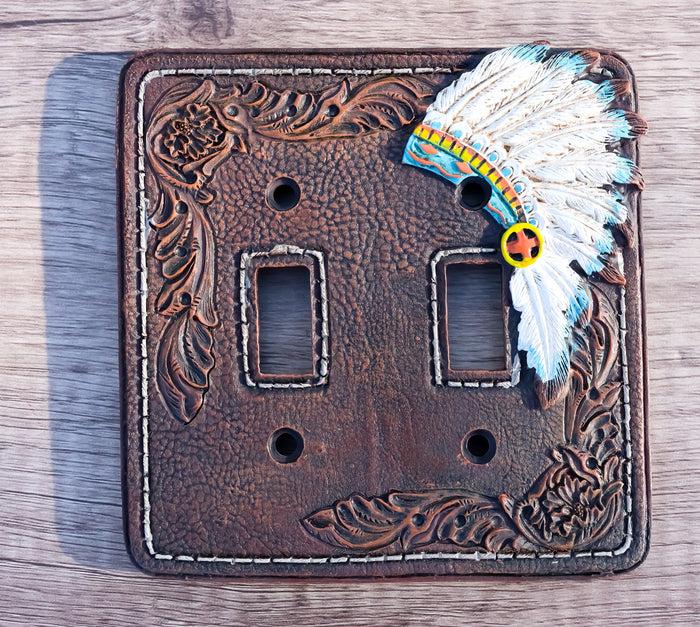 ebros gift Set of 2 Faux Leather Tribal Indian Chief Headdress Double Toggle Switch Plates