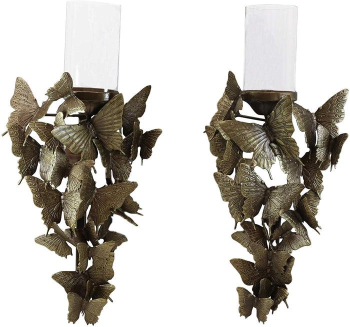 ebros gift Set of 2 Flocking Butterfly Kisses Decorative Candle Holder Wall Sconce Plaques