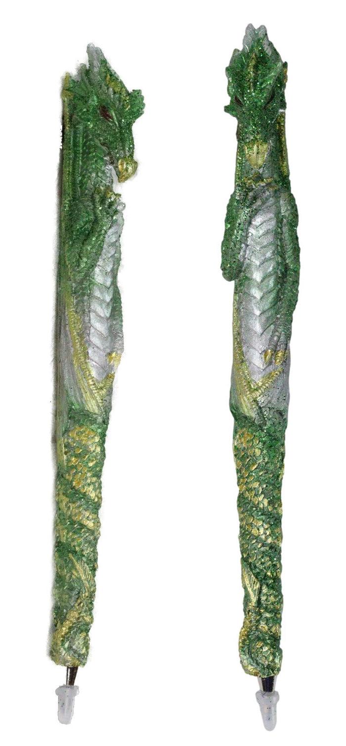 ebros gift Set of 2 Glitter Metallic Green Medieval Fantasy Dragon Figural Ball Point Pens
