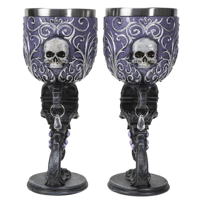 Ebros Gift Set Of 2 Gothic Death's Desire Silver Scrollwork Victorian Skull Wine Goblets