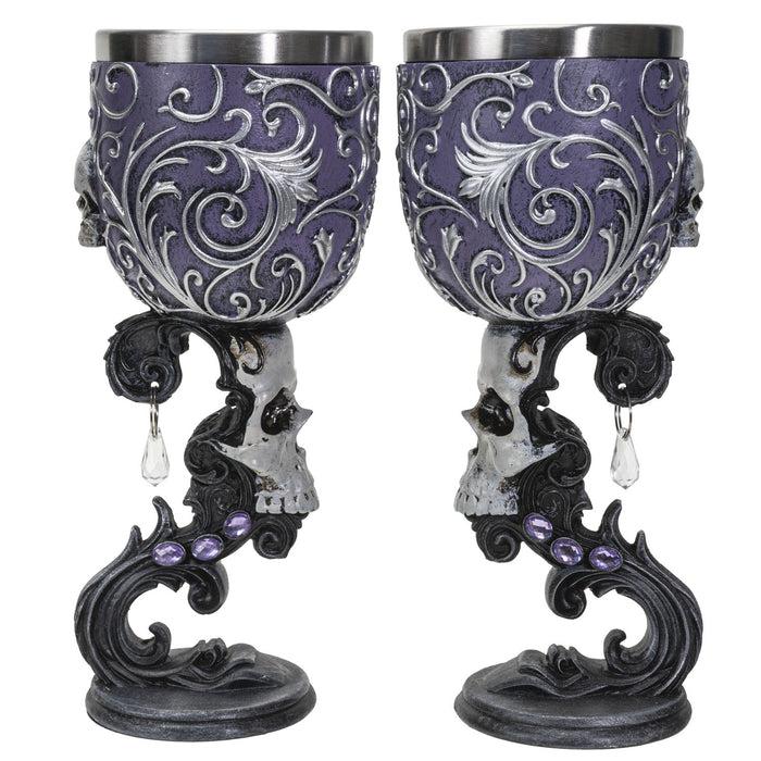 Ebros Gift Set Of 2 Gothic Death's Desire Silver Scrollwork Victorian Skull Wine Goblets